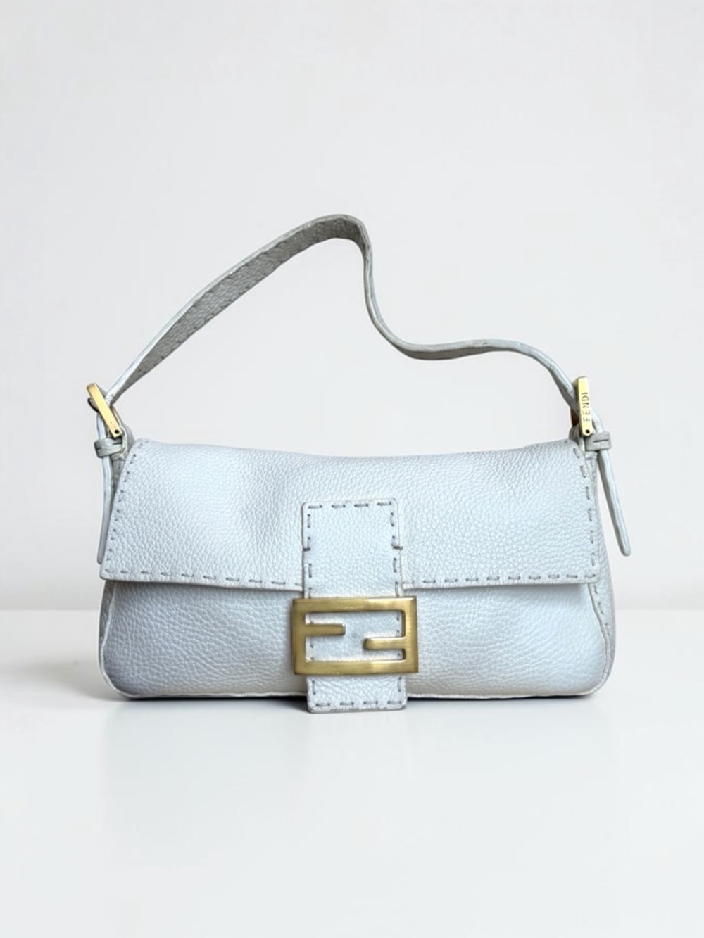 Fendi Selleria White Grained Leather Baguette Bag